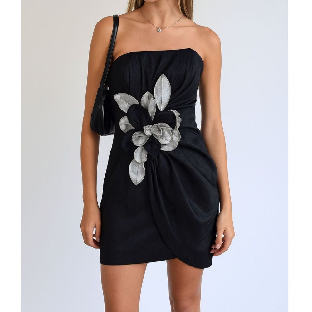 Vintage Jessica McClintock Black Y2K Flower Strapless Mini Dress  Women's Size 8